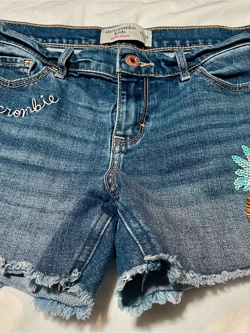 abercrombie kids blue denim shorts with embroidered pineapple